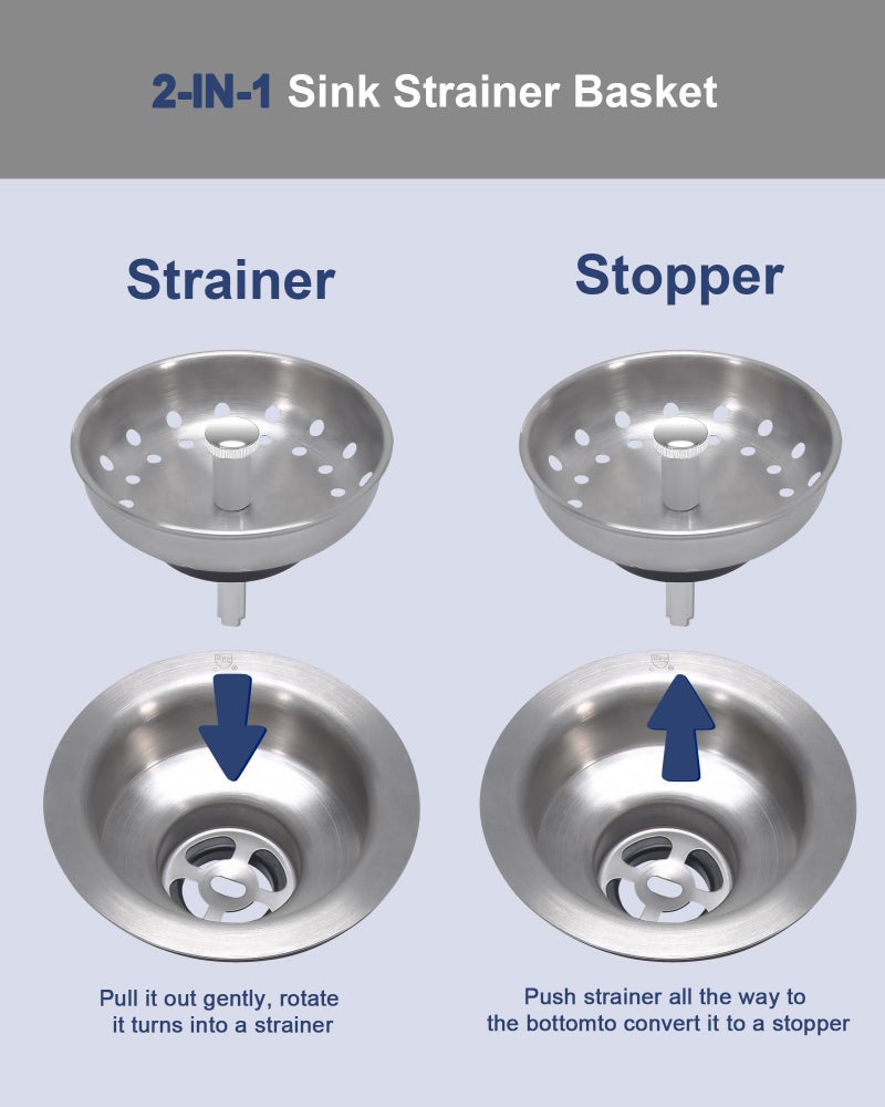 KONE 2PCS Kitchen Sink Basket Strainer Replacement for 3-1/2 Inch Standard Drains Brushed Stainless Steel Body Metal Center Knob with Rubber Stopper - Image 5